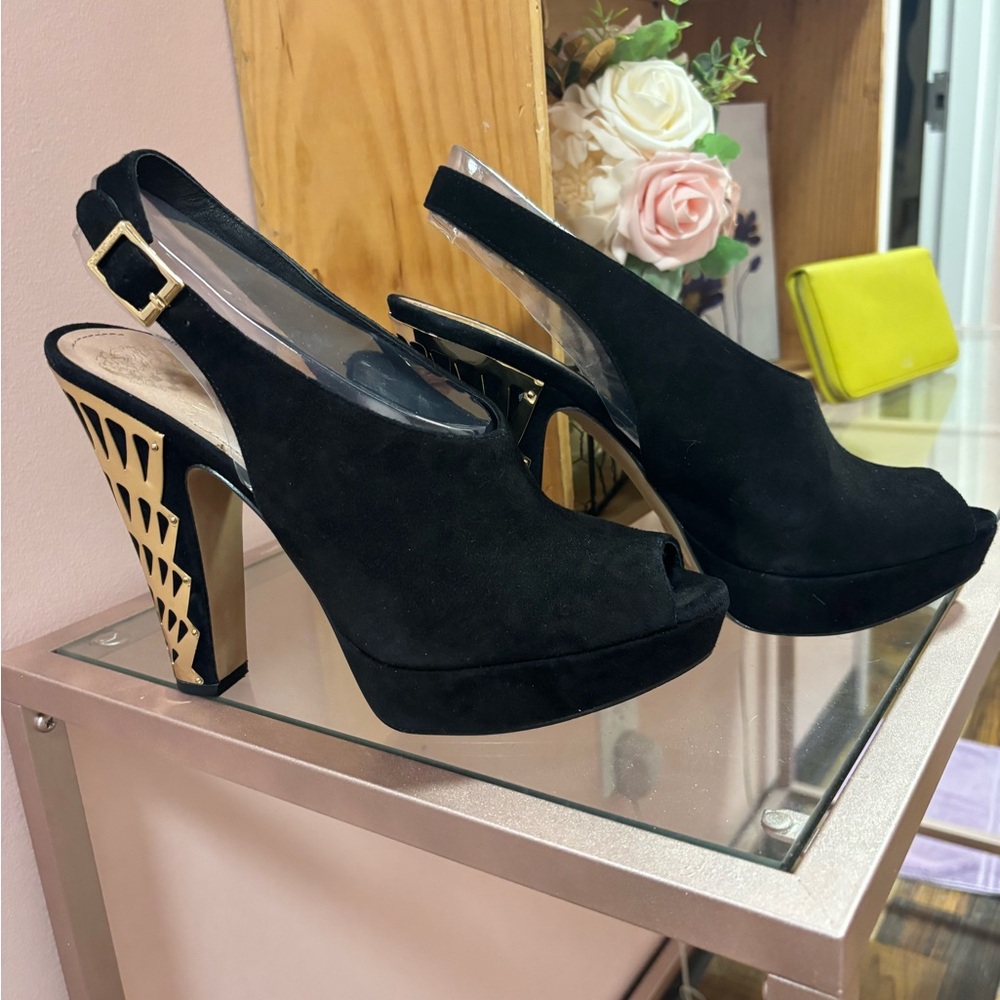 Vince Camuto Black Suede peep toe shoes with gold detail heels
